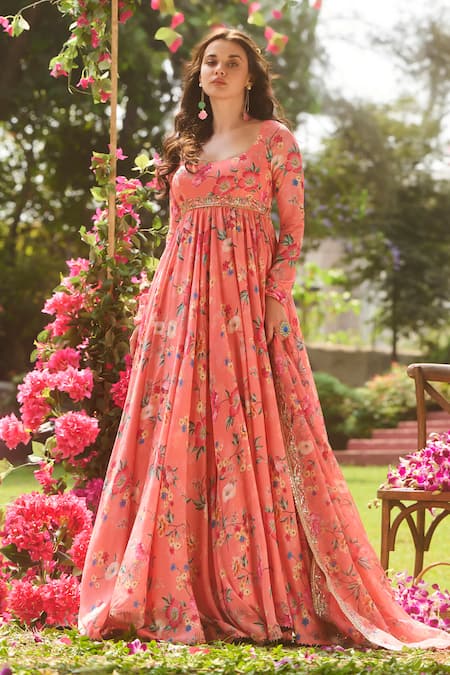 Buy_Lashkaraa_Coral Silk Round Neck Anarkali Set_Online_at_Aza_Fashions