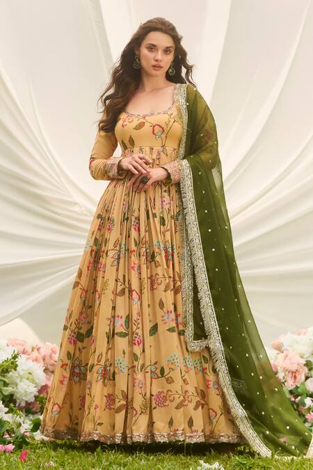 Buy_Lashkaraa_Mustard Silk, Satin Embroidery, Sequins Round Neck Green Floral Anarkali Set_Online_at_Aza_Fashions