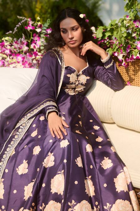 Buy_Lashkaraa_Navy Silk, Satin Embroidery Round Neck Blue Floral Anarkali Set_Online_at_Aza_Fashions