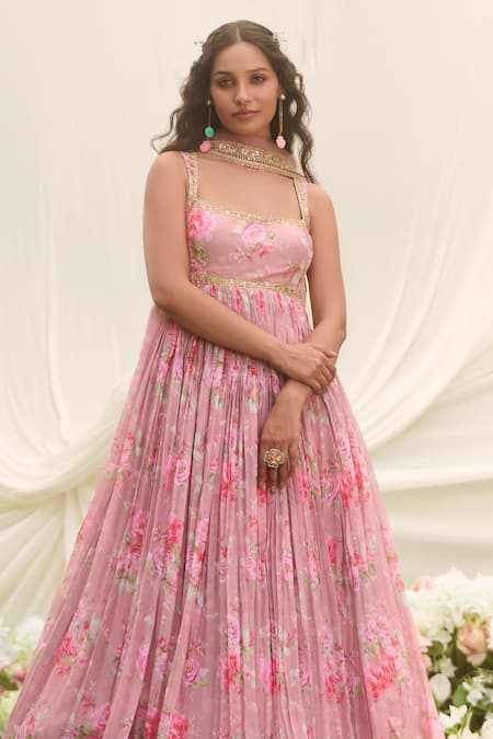 Buy_Lashkaraa_Pink Net, Organza Embroidery Round Neck Dusty Floral Anarkali Set _Online_at_Aza_Fashions