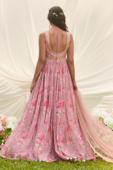 Lashkaraa_Pink Net, Organza Embroidery Round Neck Dusty Floral Anarkali Set _Online_at_Aza_Fashions