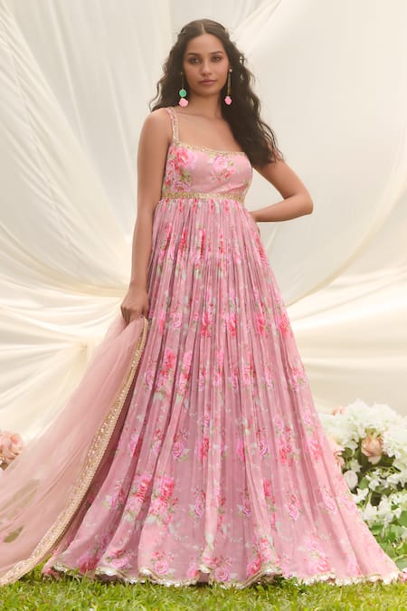 LASHKARAA Pink Net, Organza Embroidery Round Neck Dusty Floral Anarkali Set 