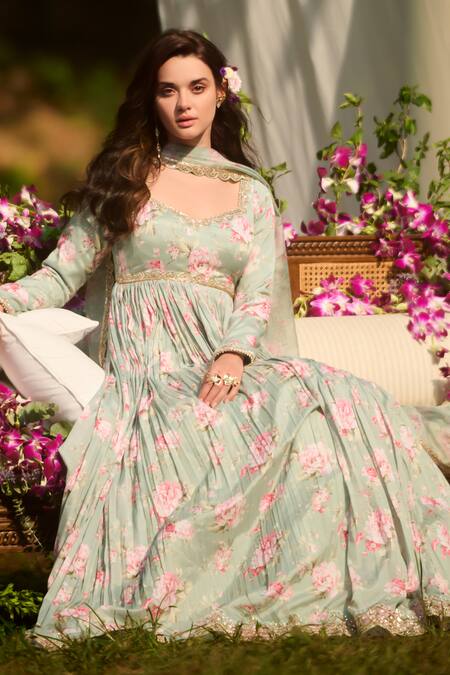 Buy_Lashkaraa_Green Net, Organza, Satin Embroidery Round Neck Light Floral Anarkali Set _Online_at_Aza_Fashions