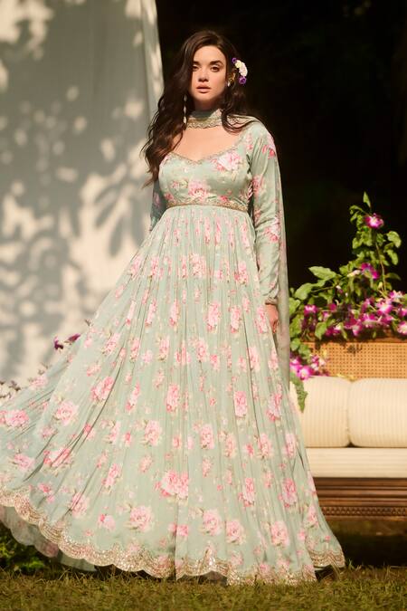 Shop_Lashkaraa_Green Net, Organza, Satin Embroidery Round Neck Light Floral Anarkali Set _Online_at_Aza_Fashions