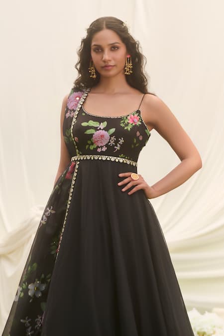 Buy Lashkaraa Black Net, Organza, Satin Embroidery Round Neck Floral Anarkali Set Online at Aza Fashions Buy_Lashkaraa_Black Net, Organza, Satin Embroidery Round Neck Floral Anarkali Set _Online_at_Aza_Fashions