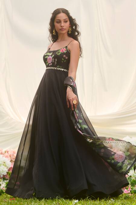 Shop Lashkaraa Black Net, Organza, Satin Embroidery Round Neck Floral Anarkali Set Online at Aza Fashions Shop_Lashkaraa_Black Net, Organza, Satin Embroidery Round Neck Floral Anarkali Set _Online_at_Aza_Fashions