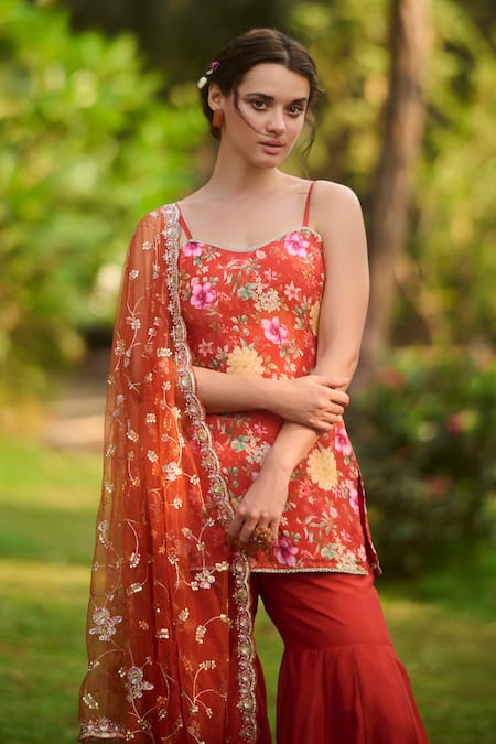 Buy Lashkaraa Orange Silk, Net Embroidery Floral Print Kurta Set With Gharara Online at Aza Fashions Buy_Lashkaraa_Orange Silk, Net Embroidery Floral Print Kurta Set With Gharara _Online_at_Aza_Fashions