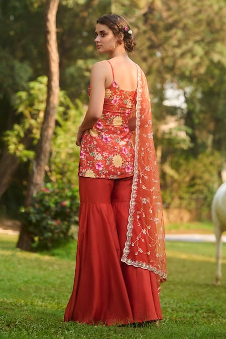 Lashkaraa Orange Silk, Net Embroidery Floral Print Kurta Set With Gharara Online at Aza Fashions Lashkaraa_Orange Silk, Net Embroidery Floral Print Kurta Set With Gharara _Online_at_Aza_Fashions