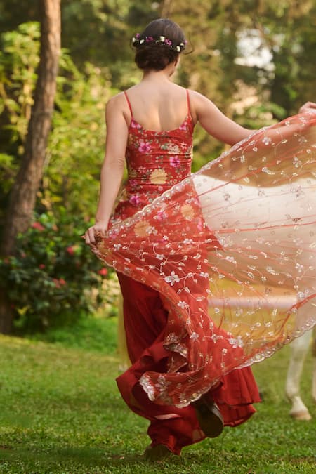 Shop Lashkaraa Orange Silk, Net Embroidery Floral Print Kurta Set With Gharara Online at Aza Fashions Shop_Lashkaraa_Orange Silk, Net Embroidery Floral Print Kurta Set With Gharara _Online_at_Aza_Fashions