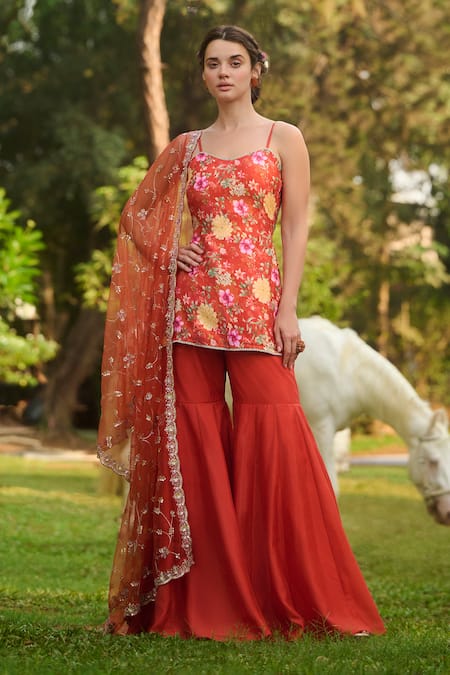 LASHKARAA Orange Silk, Net Embroidery Floral Print Kurta Set With Gharara 