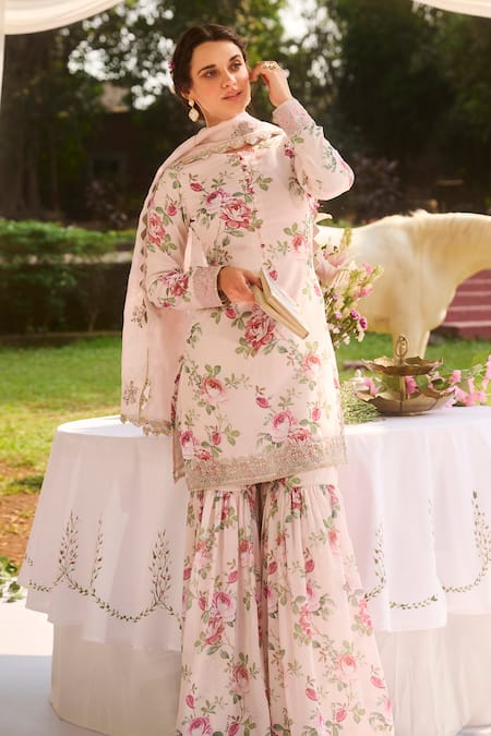 Buy Lashkaraa Ivory Silk, Organza Embroidery Collared Floral Printed Kurta Set Online at Aza Fashions Buy_Lashkaraa_Ivory Silk, Organza Embroidery Collared Floral Printed Kurta Set _Online_at_Aza_Fashions