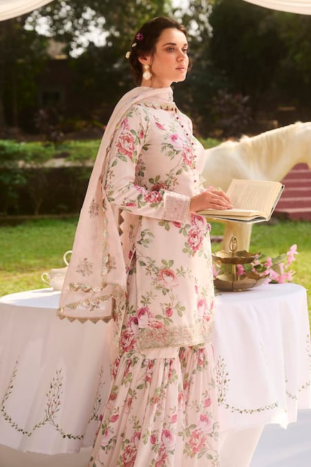 Shop Lashkaraa Ivory Silk, Organza Embroidery Collared Floral Printed Kurta Set Online at Aza Fashions Shop_Lashkaraa_Ivory Silk, Organza Embroidery Collared Floral Printed Kurta Set _Online_at_Aza_Fashions