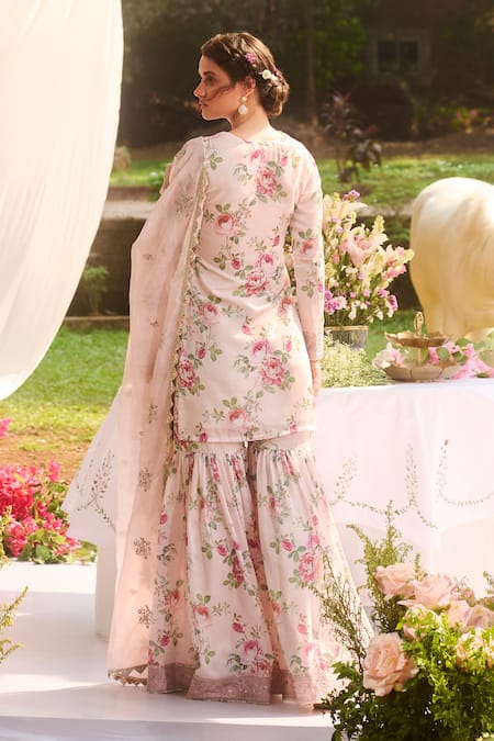 Lashkaraa Ivory Silk, Organza Embroidery Collared Floral Printed Kurta Set Online at Aza Fashions Lashkaraa_Ivory Silk, Organza Embroidery Collared Floral Printed Kurta Set _Online_at_Aza_Fashions