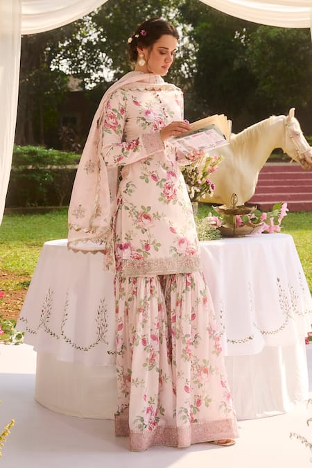 Buy Lashkaraa Ivory Silk, Organza Embroidery Collared Floral Printed Kurta Set Buy_Lashkaraa_Ivory Silk, Organza Embroidery Collared Floral Printed Kurta Set