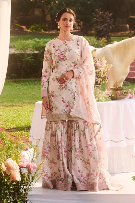 LASHKARAA Ivory Silk, Organza Embroidery Collared Floral Printed Kurta Set 