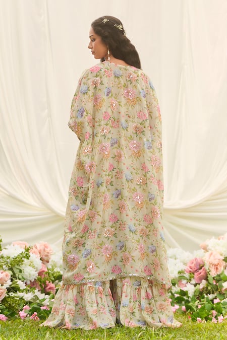 Lashkaraa Mint Green Floral Cape Sharara Set 
