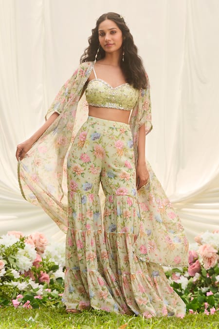 Buy_Lashkaraa_Mint Georgette, Net Sequins Round Neck Green Floral Cape Sharara Set _Online_at_Aza_Fashions