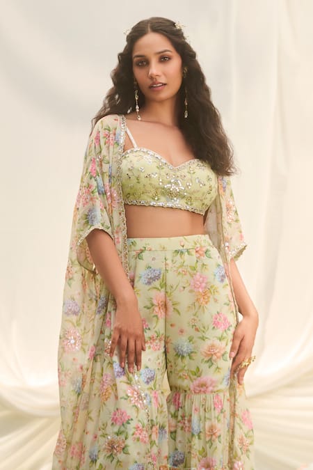 Shop_Lashkaraa_Mint Georgette, Net Sequins Round Neck Green Floral Cape Sharara Set _Online_at_Aza_Fashions
