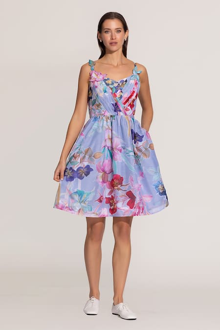RANNA GILL Multi Color Linen Fabric Flowers Sweetheart Neck Florin Pleated Mini Dress 