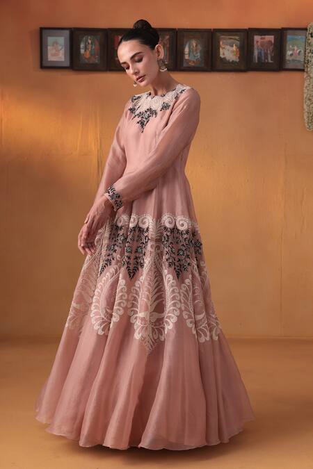 Buy Ekru Pink Organza Embroidery Round Neck Gown Online at Aza Fashions Buy_Ekru_Pink Organza Embroidery Round Neck Gown_Online_at_Aza_Fashions