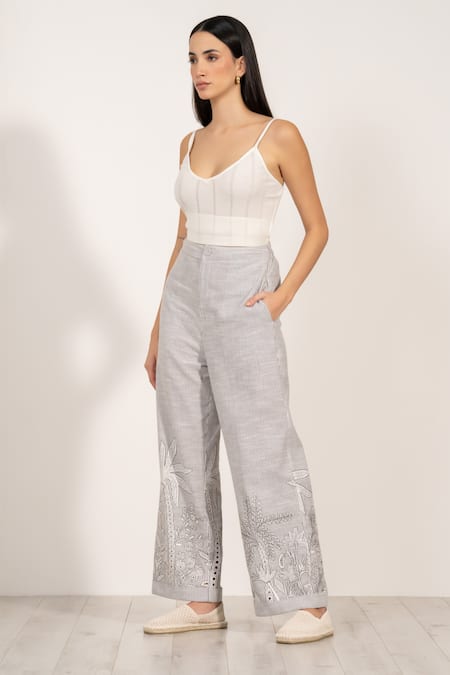 RANNA GILL Gray Linen Embroidery Verena High Waisted Pants 