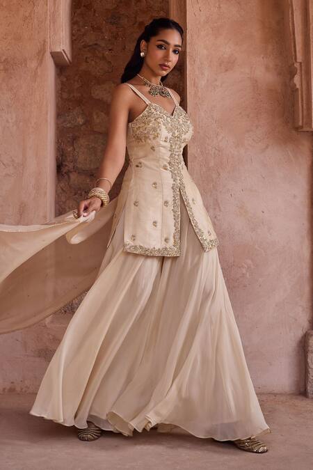 Buy Kritika Dawar Ivory Silk, Organza Pearls Sweetheart Neck Embroidered Sharara Set Buy_Kritika Dawar_Ivory Silk, Organza Pearls Sweetheart Neck Embroidered Sharara Set