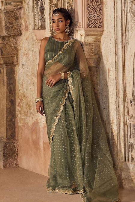 Kritika Dawar Sage Green Hand Block Printed Saree Set 