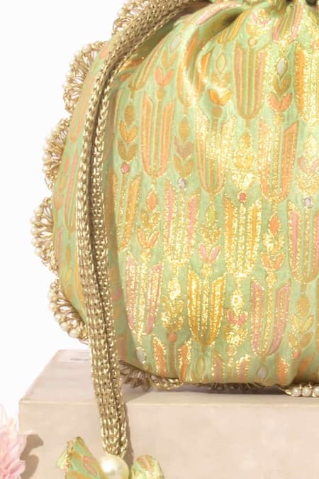 Amyra_Green Pearls, Zari Titli Pure Banarasi Silk Potli _Online_at_Aza_Fashions