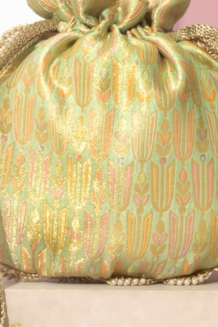 Shop_Amyra_Green Pearls, Zari Titli Pure Banarasi Silk Potli _Online_at_Aza_Fashions
