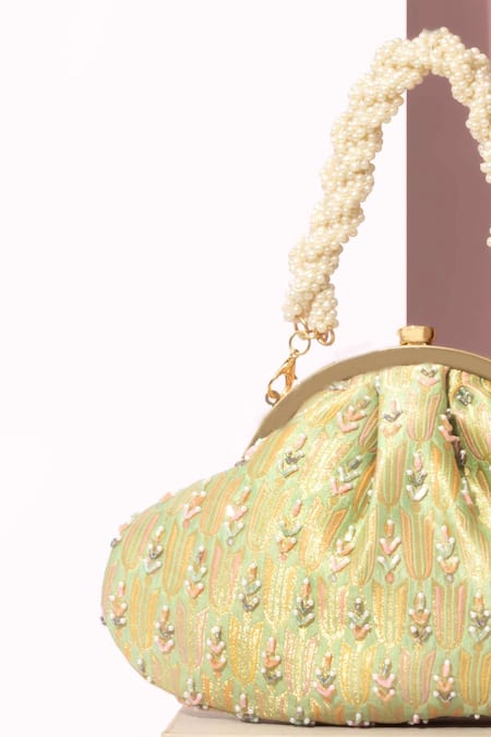 Amyra_Green Embroidery, Pearls Titli Pure Banarasi Silk Vintage Clutch_Online_at_Aza_Fashions