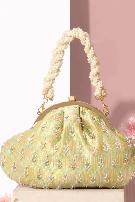 Buy_Amyra_Green Embroidery, Pearls Titli Pure Banarasi Silk Vintage Clutch_Online_at_Aza_Fashions