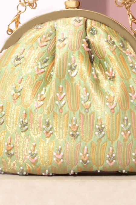Shop_Amyra_Green Embroidery, Pearls Titli Pure Banarasi Silk Vintage Clutch_Online_at_Aza_Fashions