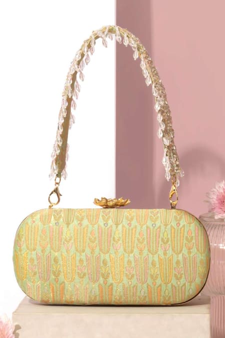 Amyra Green Embroidery Titli Pure Banarasi Silk Capsule Clutch 