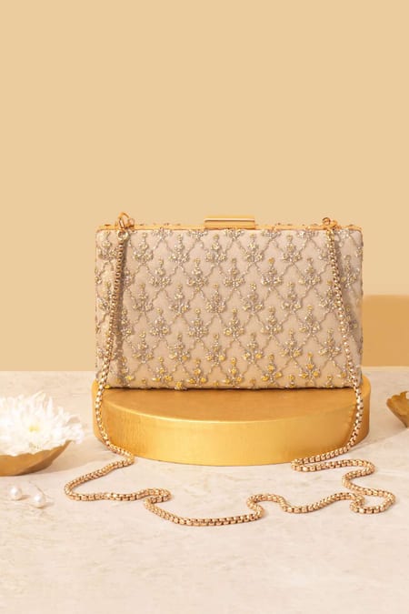 Shop Amyra Gold Embroidery, Crystals Box Clutch at Aza Fashions Shop_Amyra_Gold Embroidery, Crystals Box Clutch _at_Aza_Fashions