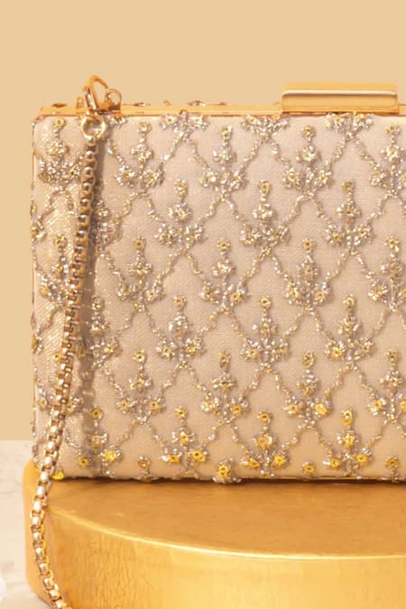 Amyra Gold Embroidery, Crystals Box Clutch Online at Aza Fashions Amyra_Gold Embroidery, Crystals Box Clutch _Online_at_Aza_Fashions
