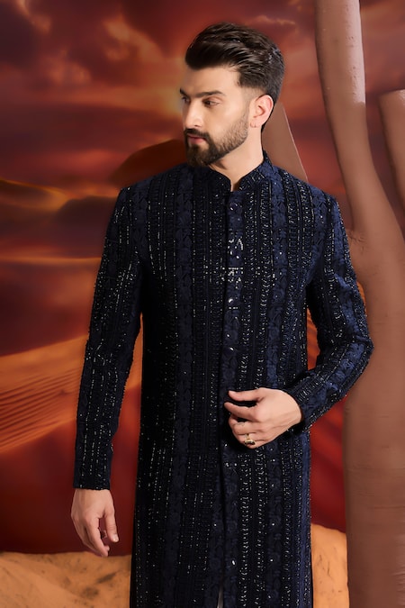 Buy Kasbah Blue Velvet Sequins Designer Sherwani Online at Aza Fashions Buy_Kasbah_Blue Velvet Sequins Designer Sherwani _Online_at_Aza_Fashions