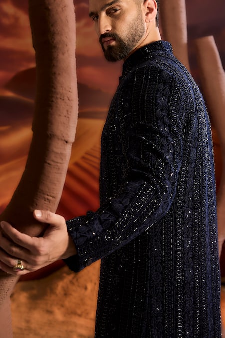 Shop Kasbah Blue Velvet Sequins Designer Sherwani Online at Aza Fashions Shop_Kasbah_Blue Velvet Sequins Designer Sherwani _Online_at_Aza_Fashions