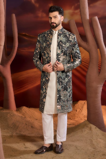 Kasbah_Black Georgette Embroidery Designer Sherwani _Online_at_Aza_Fashions