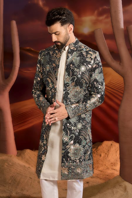 Kasbah Designer Black Georgette Sherwani 