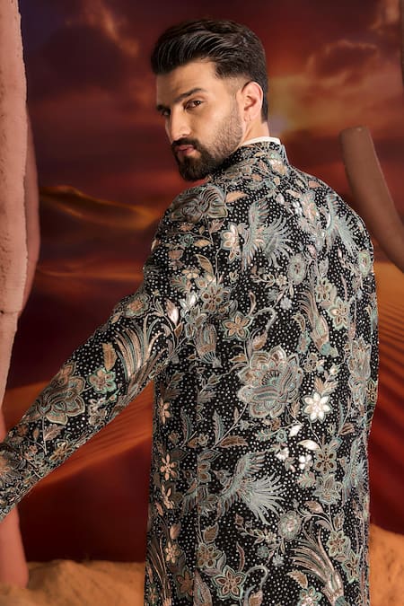 Buy_Kasbah_Black Georgette Embroidery Designer Sherwani _Online_at_Aza_Fashions