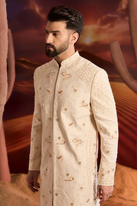 Kasbah_Beige Silk Embroidery Designer Sherwani_Online_at_Aza_Fashions