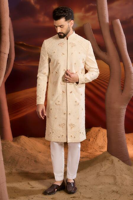 Buy_Kasbah_Beige Silk Embroidery Designer Sherwani_Online_at_Aza_Fashions
