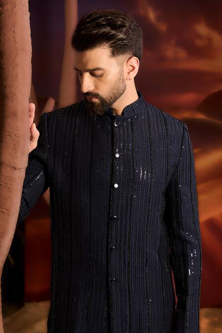 Shop_Kasbah_Blue Silk Designer Sherwani _Online_at_Aza_Fashions