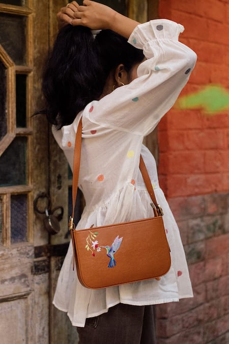 Miri Tan Embroidery Hand Humming Bird Bag