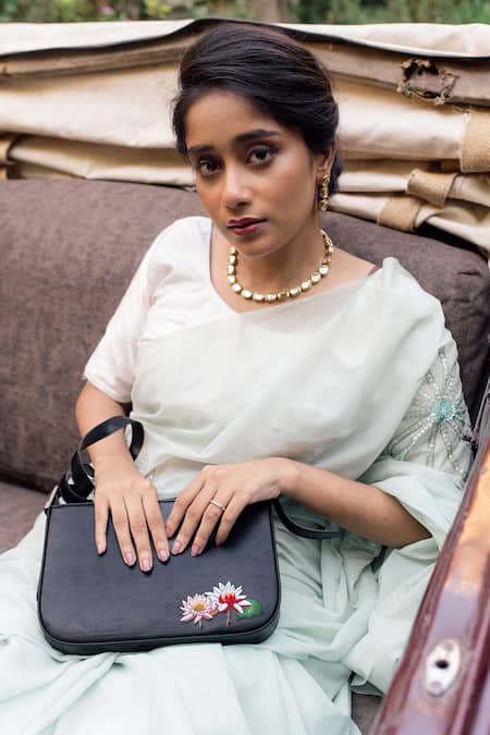 Buy Miri Black Embroidery Hand Lotus Baguette Bag Buy_Miri_Black Embroidery Hand Lotus Baguette Bag