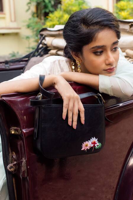 Shop Miri Black Embroidery Hand Lotus Baguette Bag Shop_Miri_Black Embroidery Hand Lotus Baguette Bag