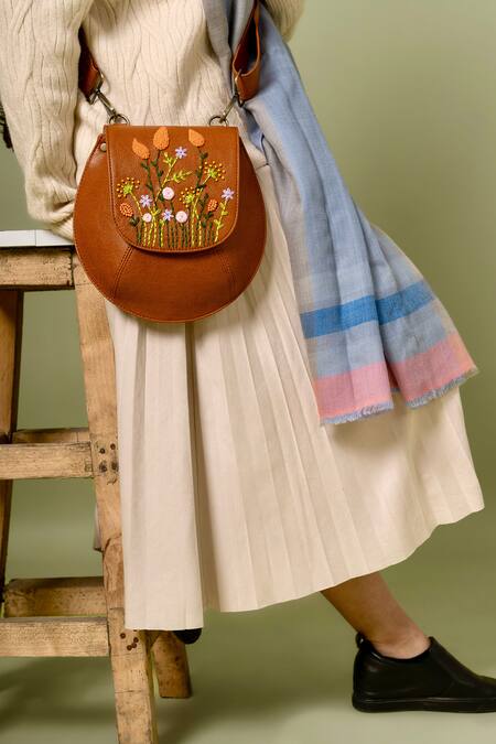 Shop_Miri_Tan Embroidery, Beads Bianca Sling Bag With Hand _Online_at_Aza_Fashions