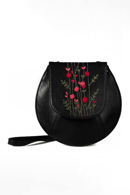 Miri_Black Embroidery Red Rosebud Bianca Sling Bag _Online_at_Aza_Fashions