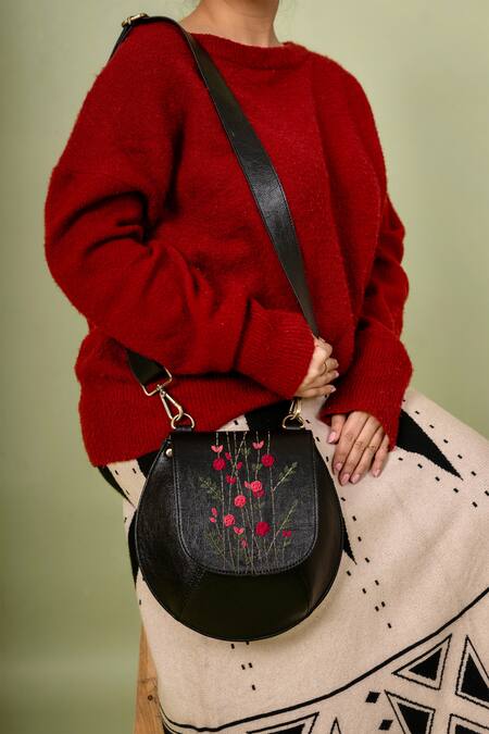 Miri_Black Embroidery Red Rosebud Bianca Sling Bag _at_Aza_Fashions