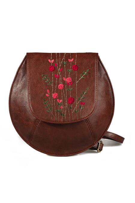 Miri_Brown Embroidery Dark Floral Sling Bag _Online_at_Aza_Fashions